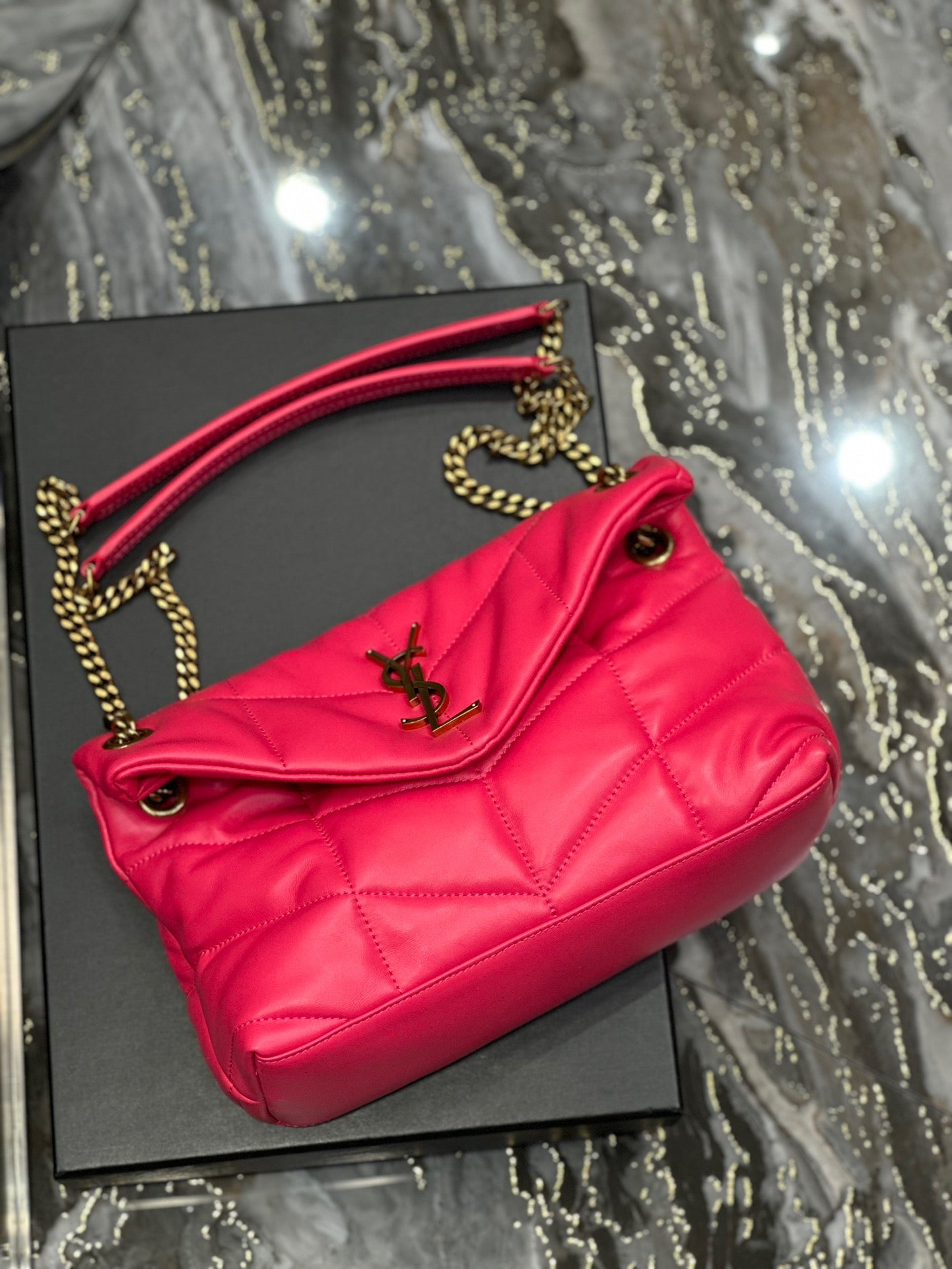 Saint Laurent LouLou Chain Bag In Rose Red Quilted Calfskin