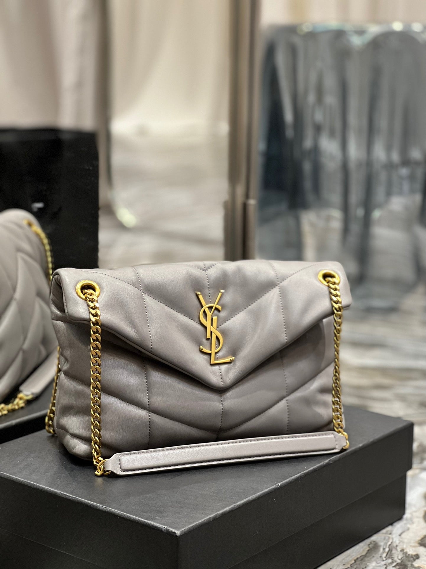 Saint Laurent LouLou Chain Bag In Gray Quilted Calfskin