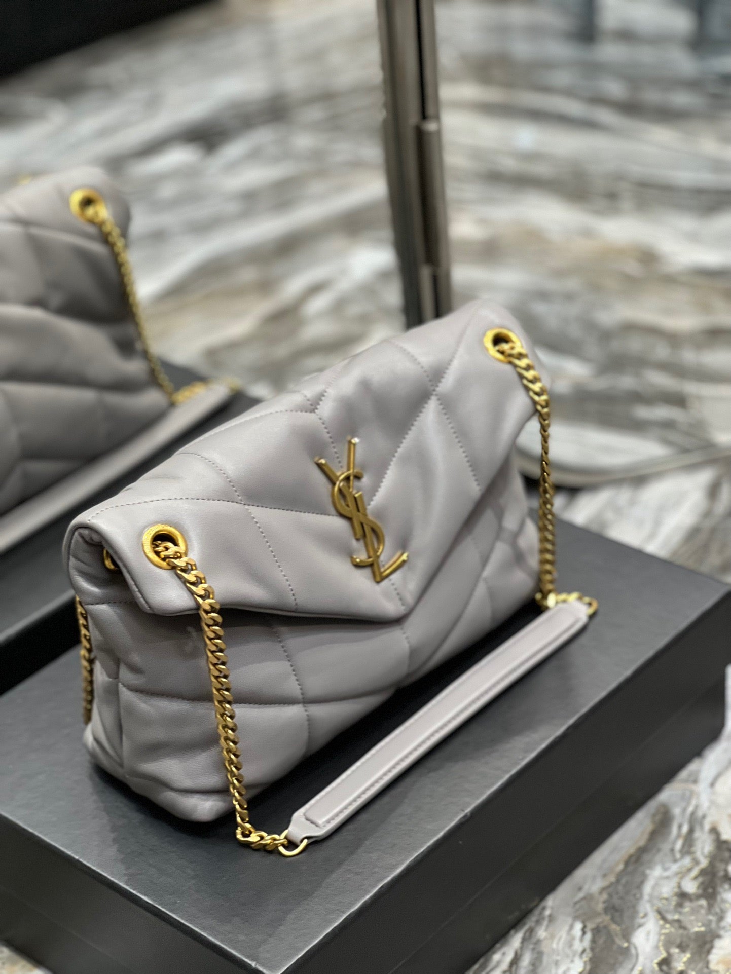 Saint Laurent LouLou Chain Bag In Gray Quilted Calfskin