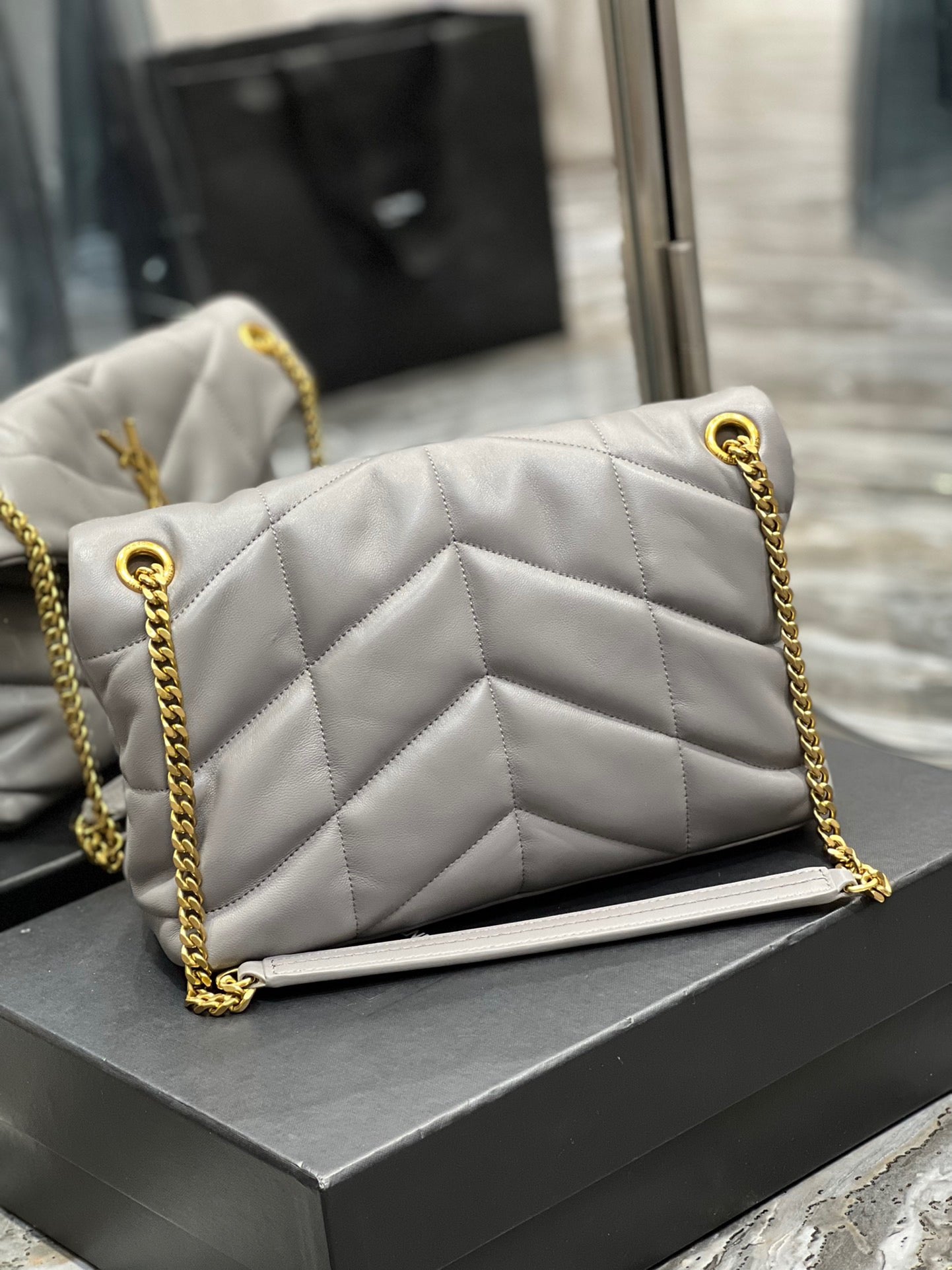 Saint Laurent LouLou Chain Bag In Gray Quilted Calfskin