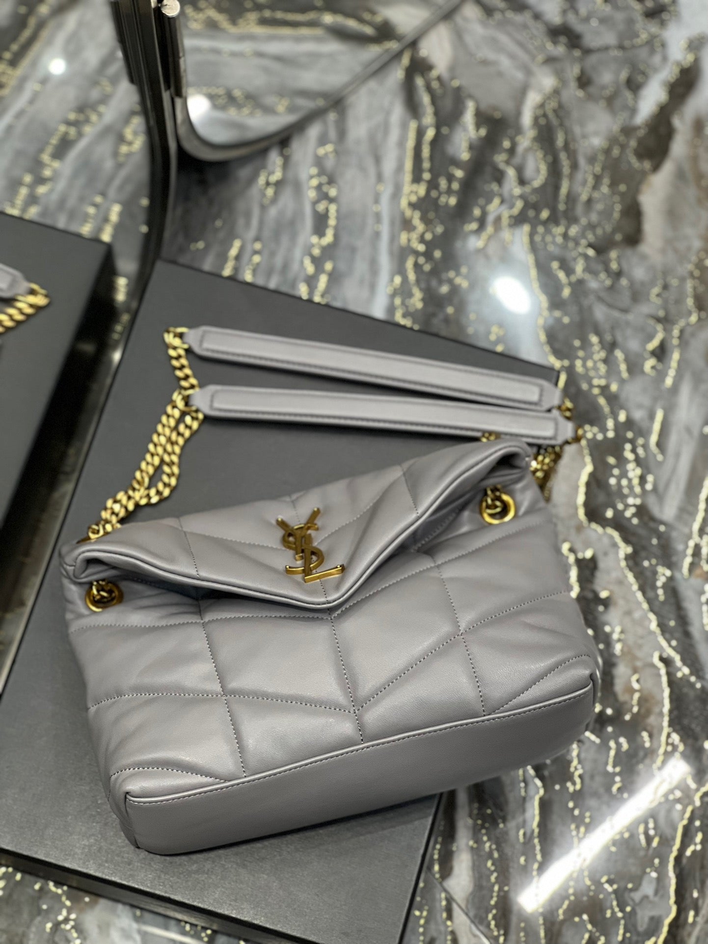 Saint Laurent LouLou Chain Bag In Gray Quilted Calfskin