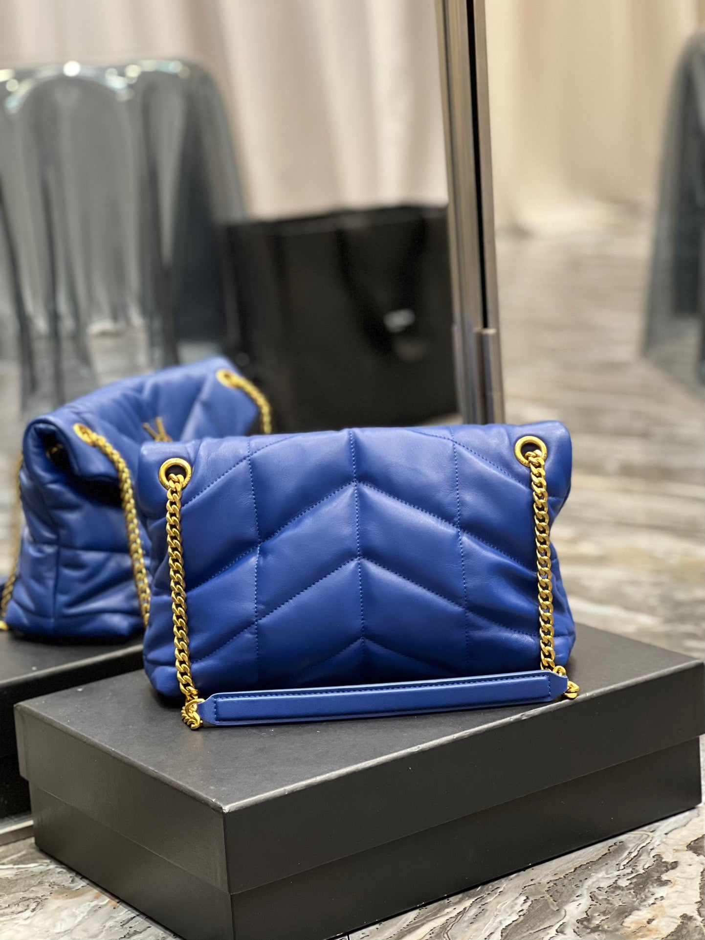 Saint Laurent LouLou Chain Bag In Navy Blue Quilted Calfskin