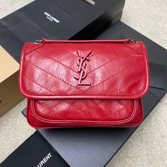 Saint Laurent Niki Baby Chain Bag In Red Crinkled Leather