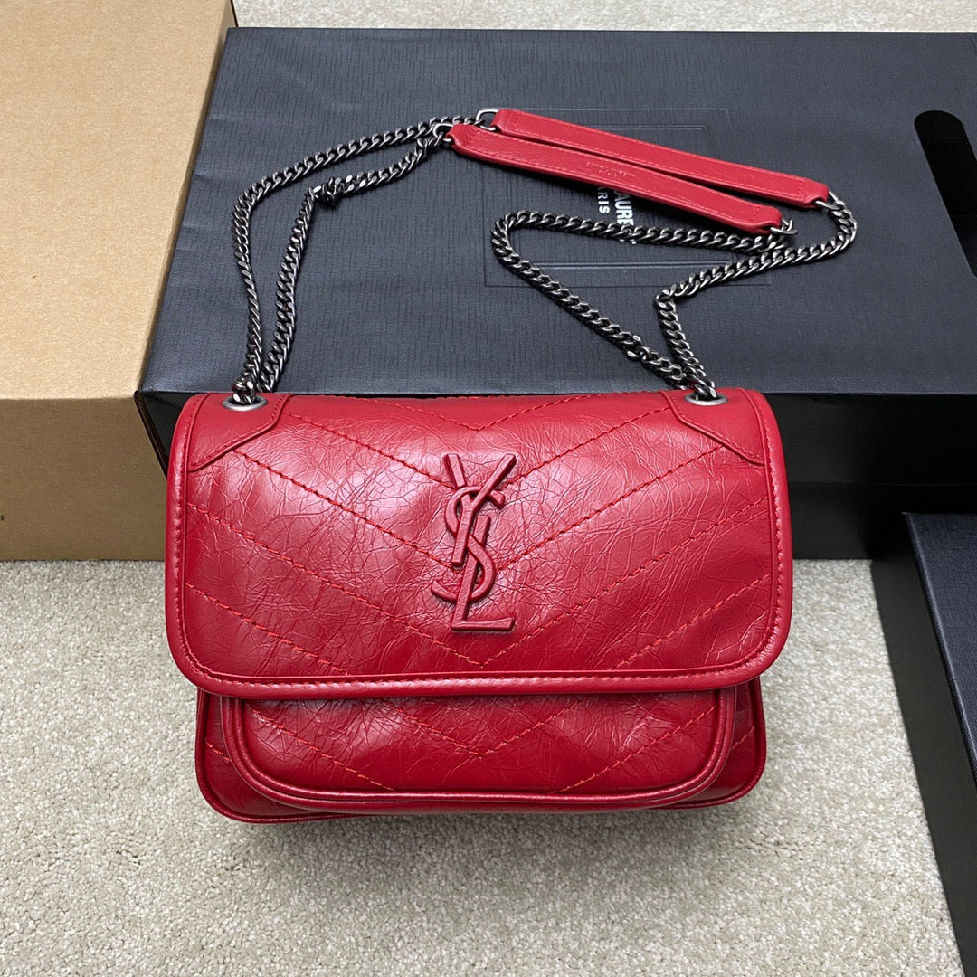 Saint Laurent Niki Baby Chain Bag In Red Crinkled Leather