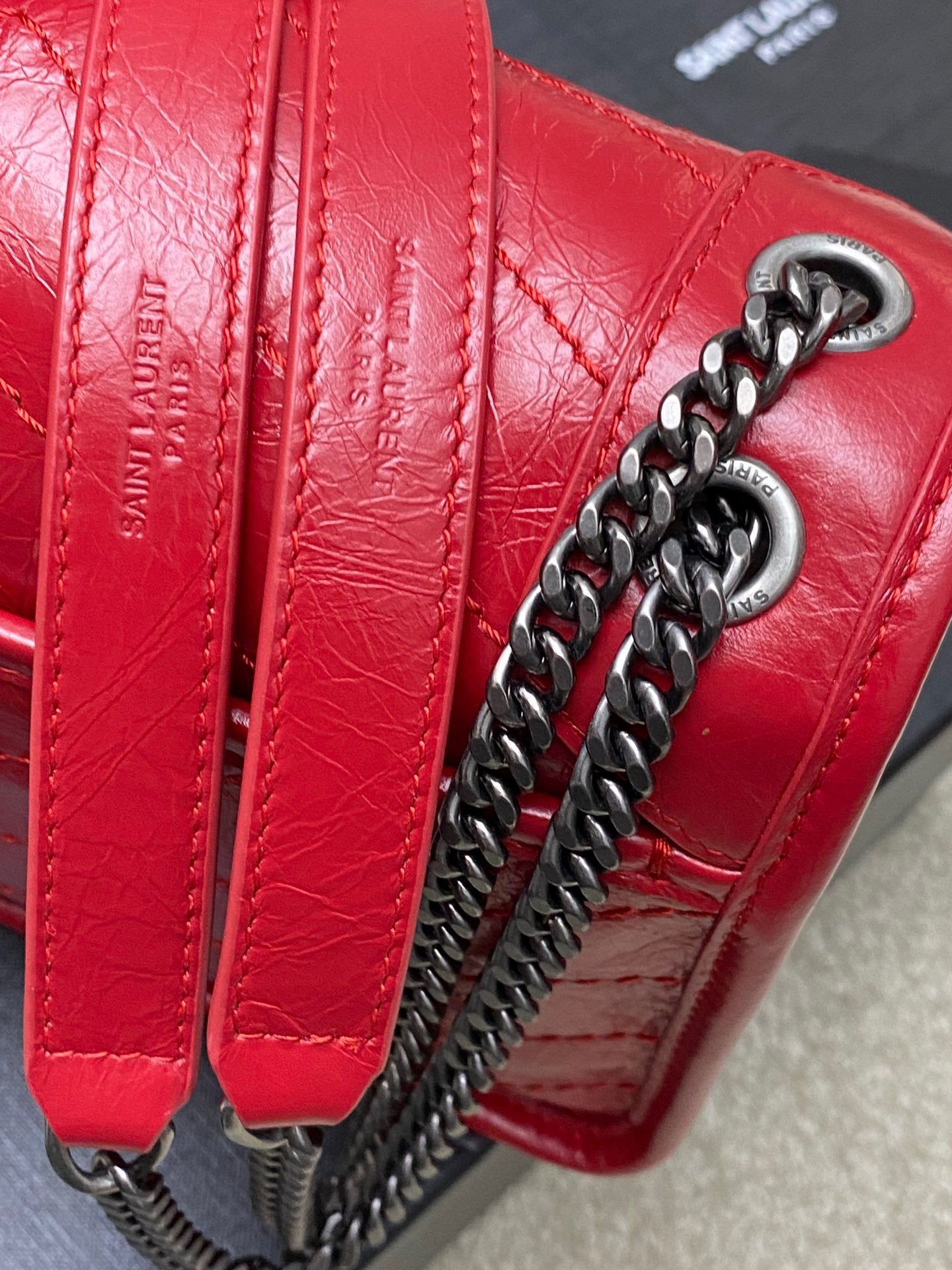 Saint Laurent Niki Baby Chain Bag In Red Crinkled Leather