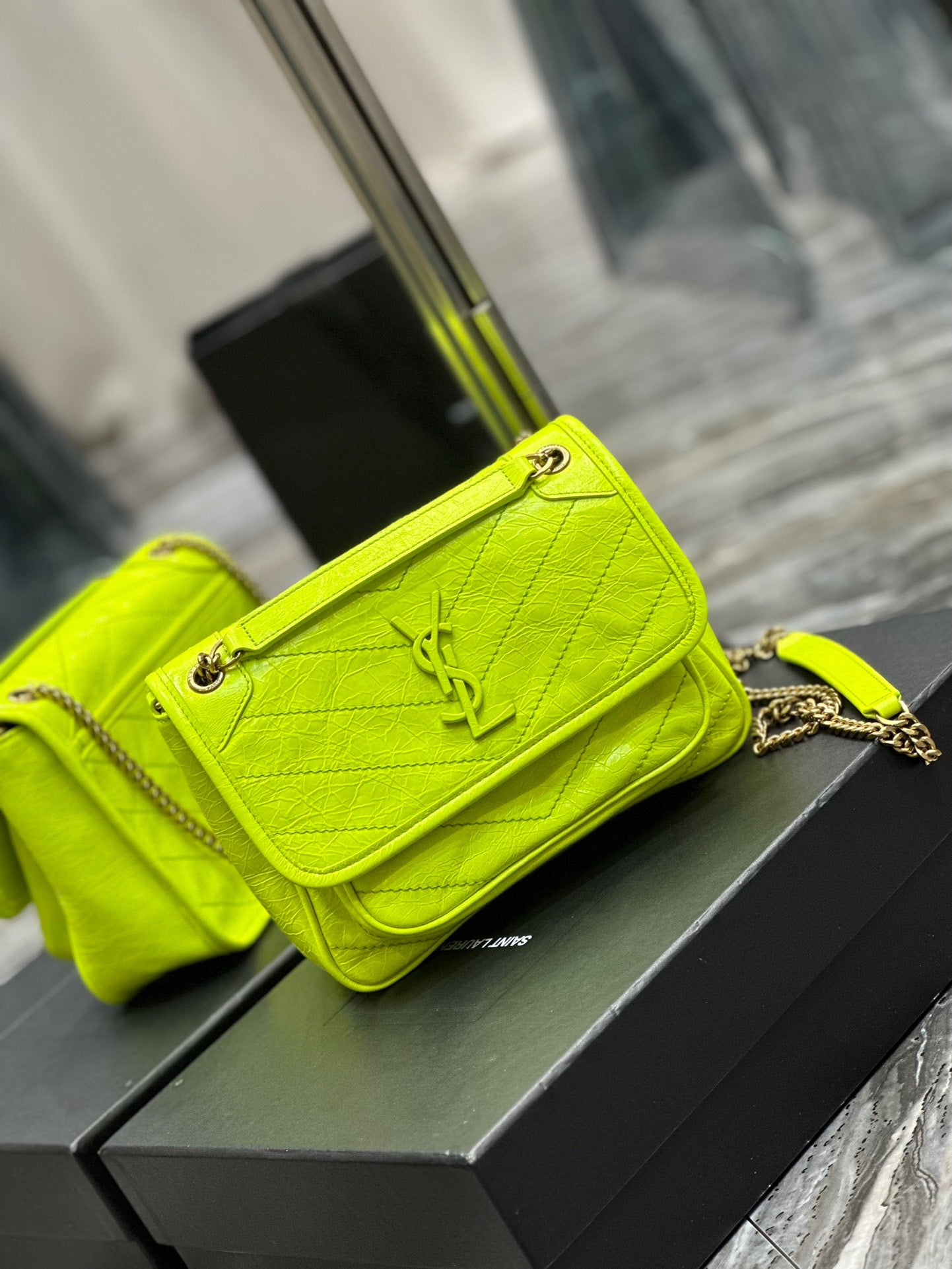 Saint Laurent Niki Baby Chain Bag In Fluorescent Green Crinkled Leather