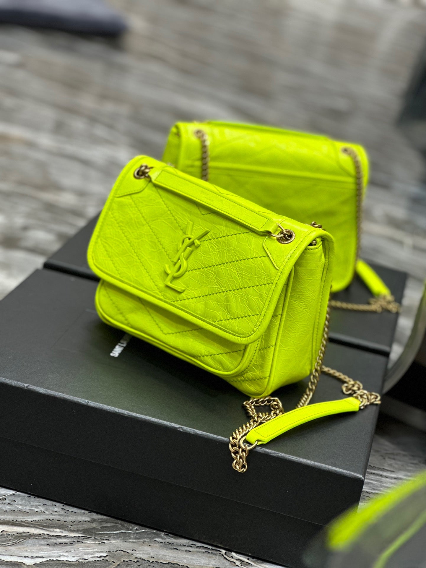 Saint Laurent Niki Baby Chain Bag In Fluorescent Green Crinkled Leather