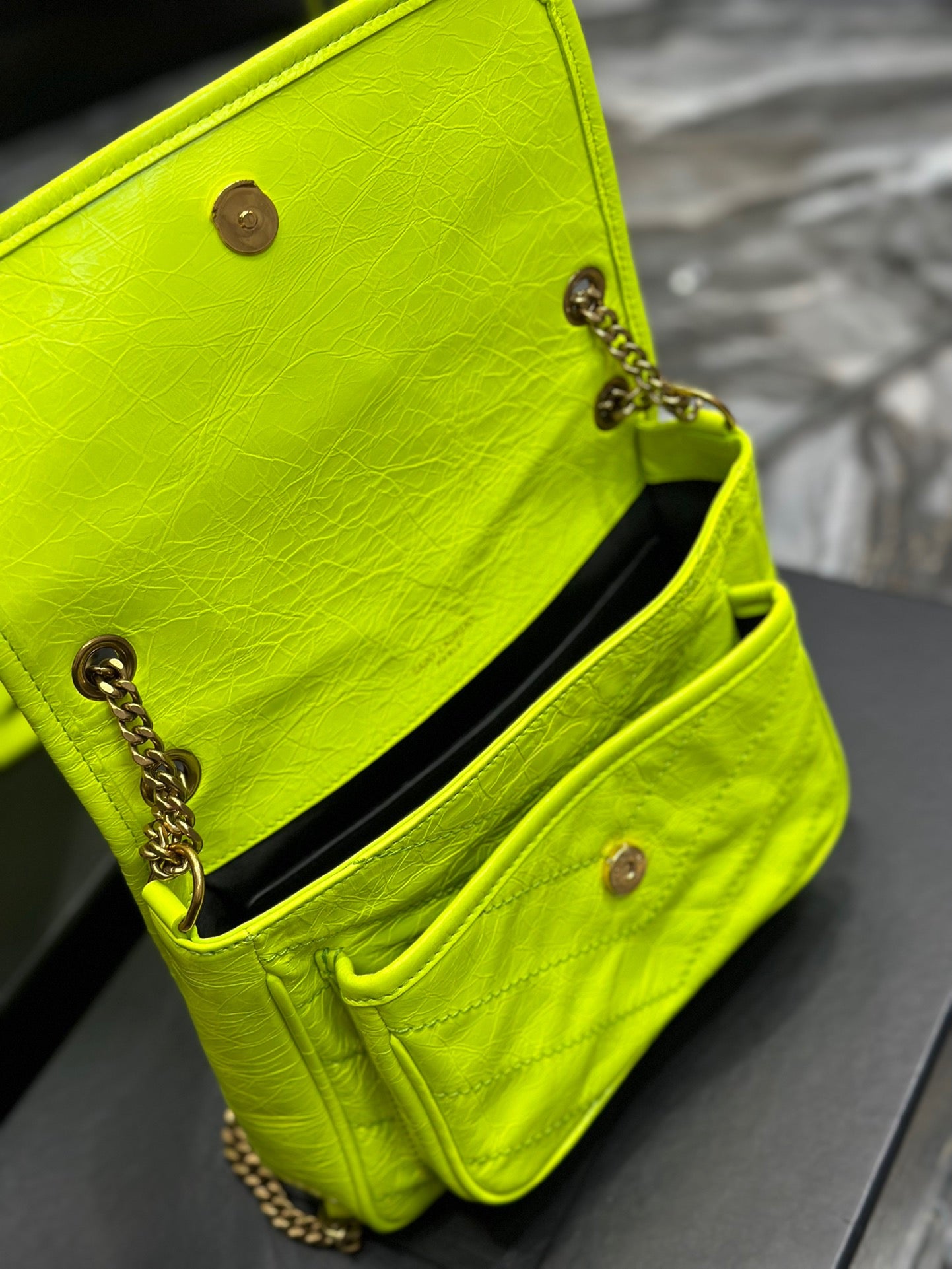 Saint Laurent Niki Baby Chain Bag In Fluorescent Green Crinkled Leather