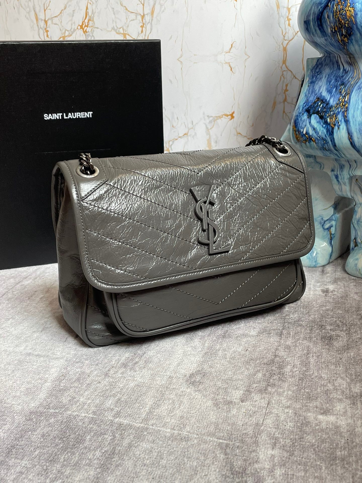 Saint Laurent Niki Medium Chain Bag In Tinware Gray Crinkled Leather