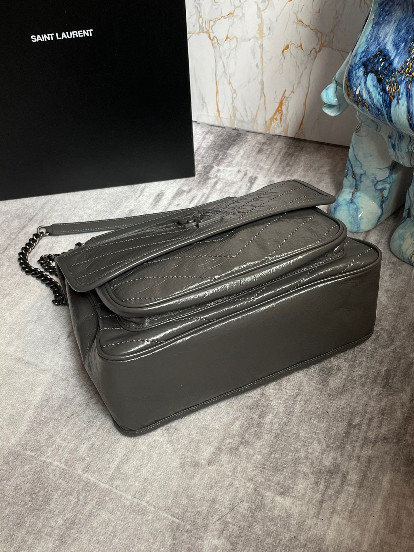 Saint Laurent Niki Medium Chain Bag In Tinware Gray Crinkled Leather