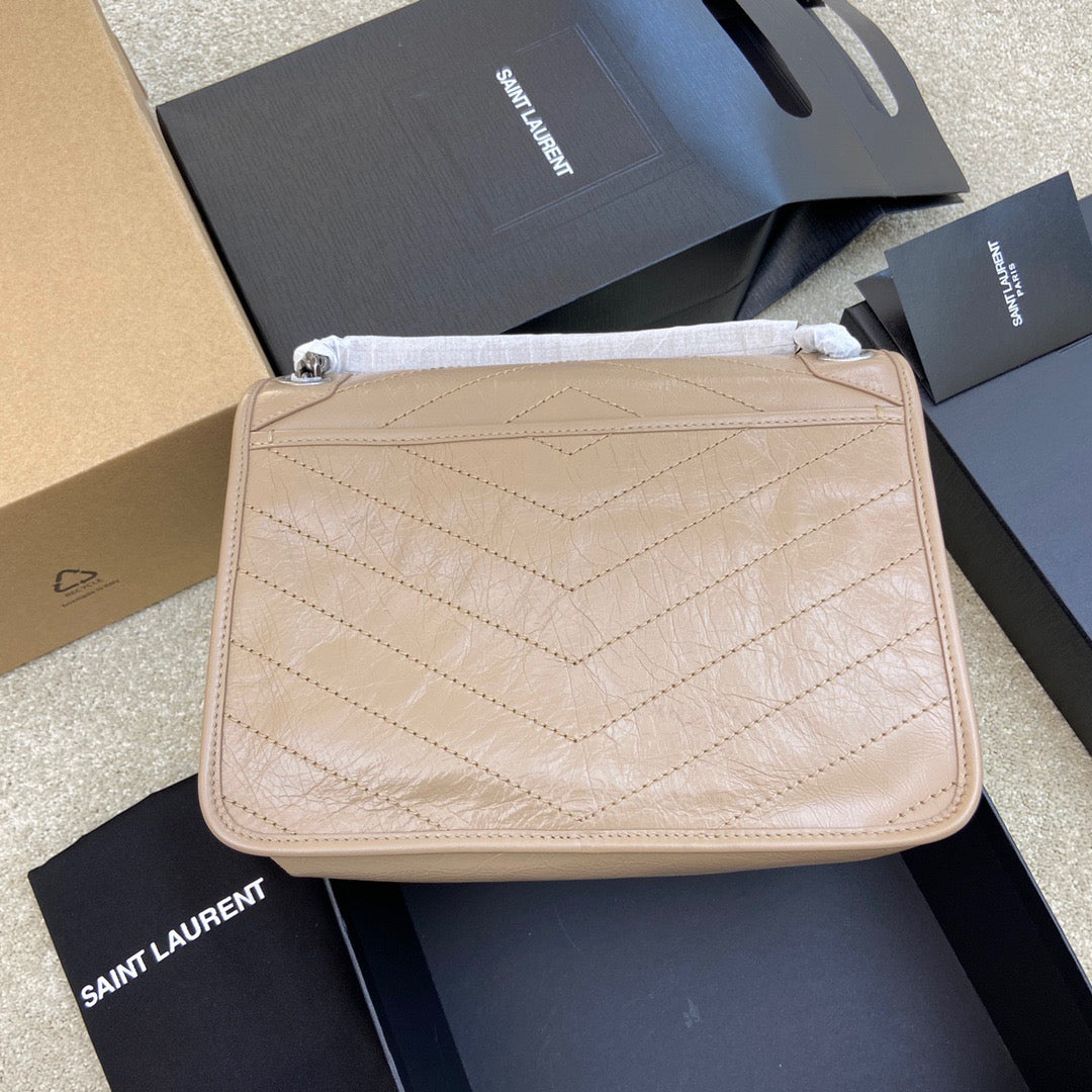 Saint Laurent Niki Medium Chain Bag In Nude Crinkled Leather