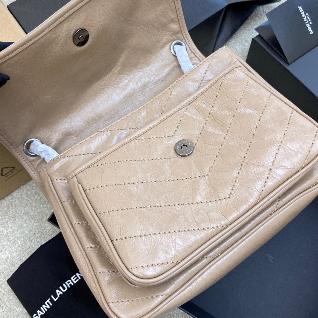 Saint Laurent Niki Medium Chain Bag In Nude Crinkled Leather