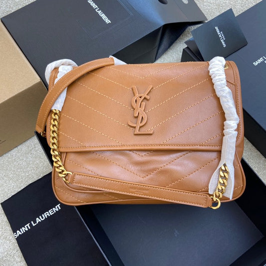 Saint Laurent Niki Medium Chain Bag In Gold Brown Crinkled Leather