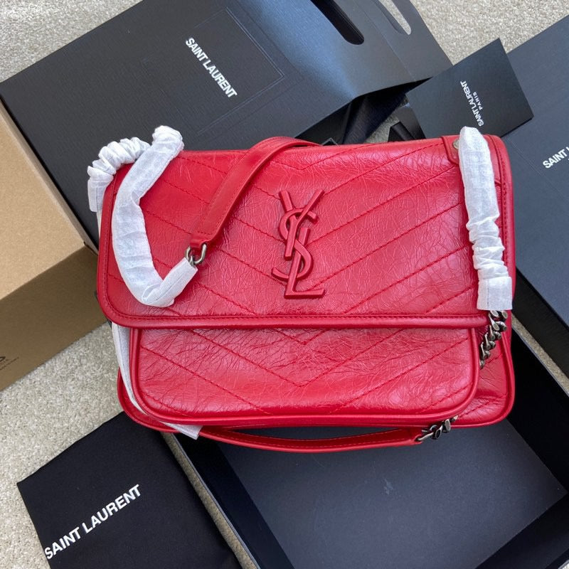 Saint Laurent Niki Medium Chain Bag In Red Crinkled Leather