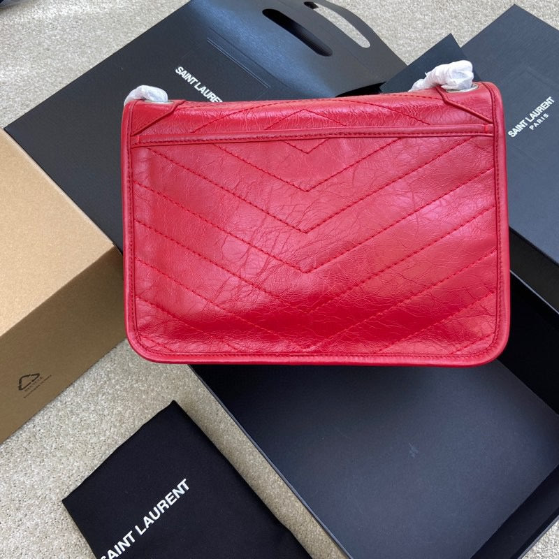 Saint Laurent Niki Medium Chain Bag In Red Crinkled Leather