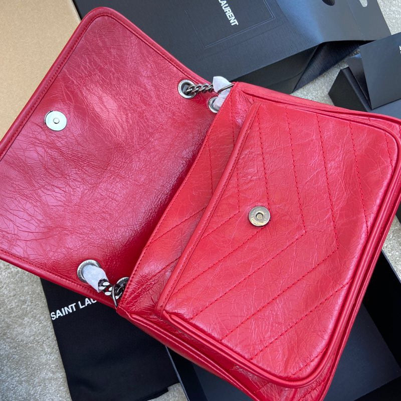 Saint Laurent Niki Medium Chain Bag In Red Crinkled Leather