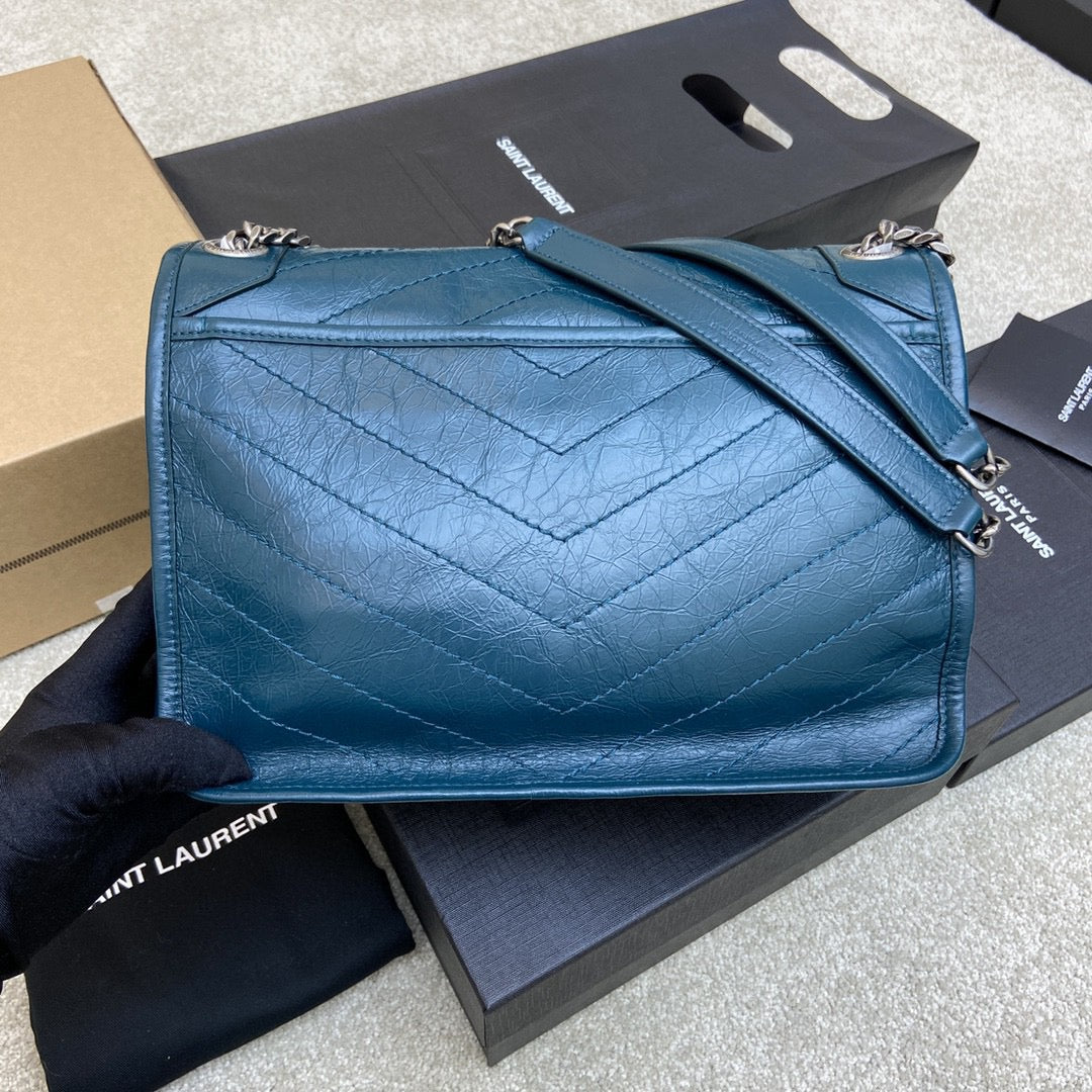 Saint Laurent Niki Medium Chain Bag In Jean Blue Crinkled Leather