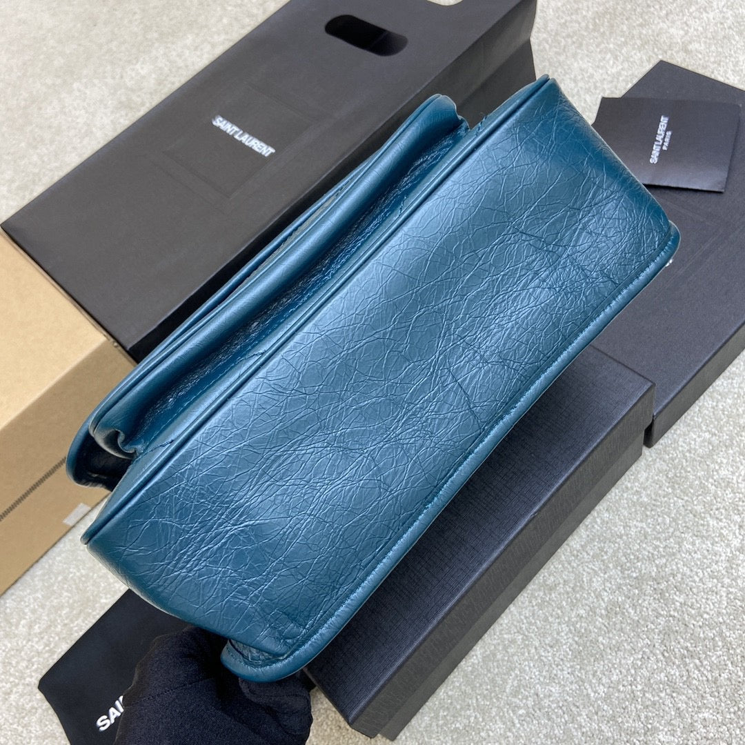 Saint Laurent Niki Medium Chain Bag In Jean Blue Crinkled Leather