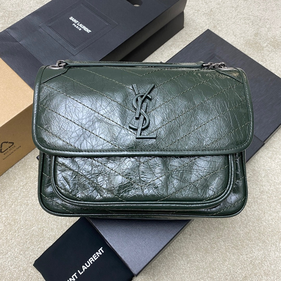 Saint Laurent Niki Medium Chain Bag In Dark Green Crinkled Leather