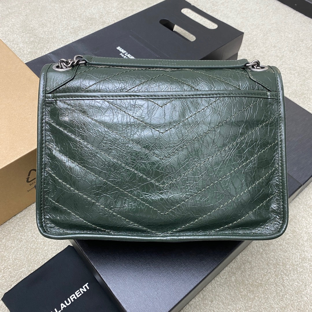 Saint Laurent Niki Medium Chain Bag In Dark Green Crinkled Leather