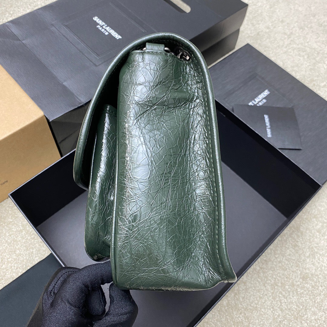 Saint Laurent Niki Medium Chain Bag In Dark Green Crinkled Leather