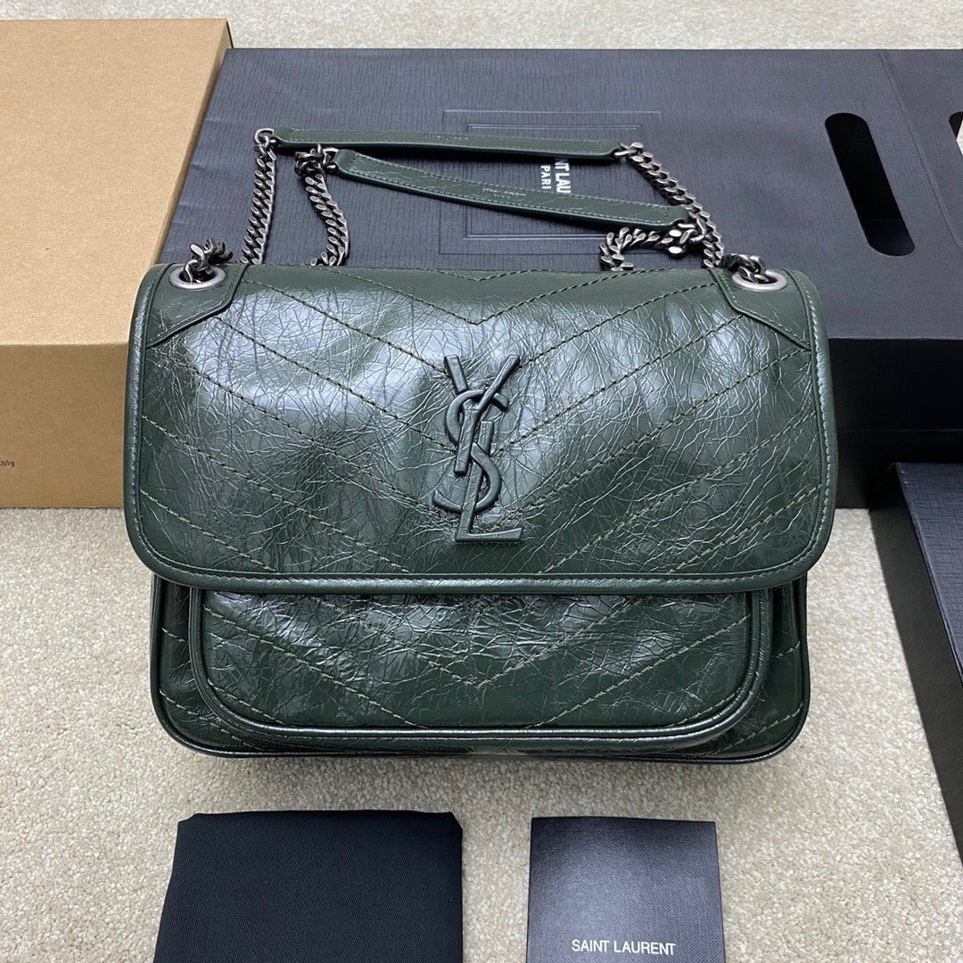 Saint Laurent Niki Medium Chain Bag In Dark Green Crinkled Leather