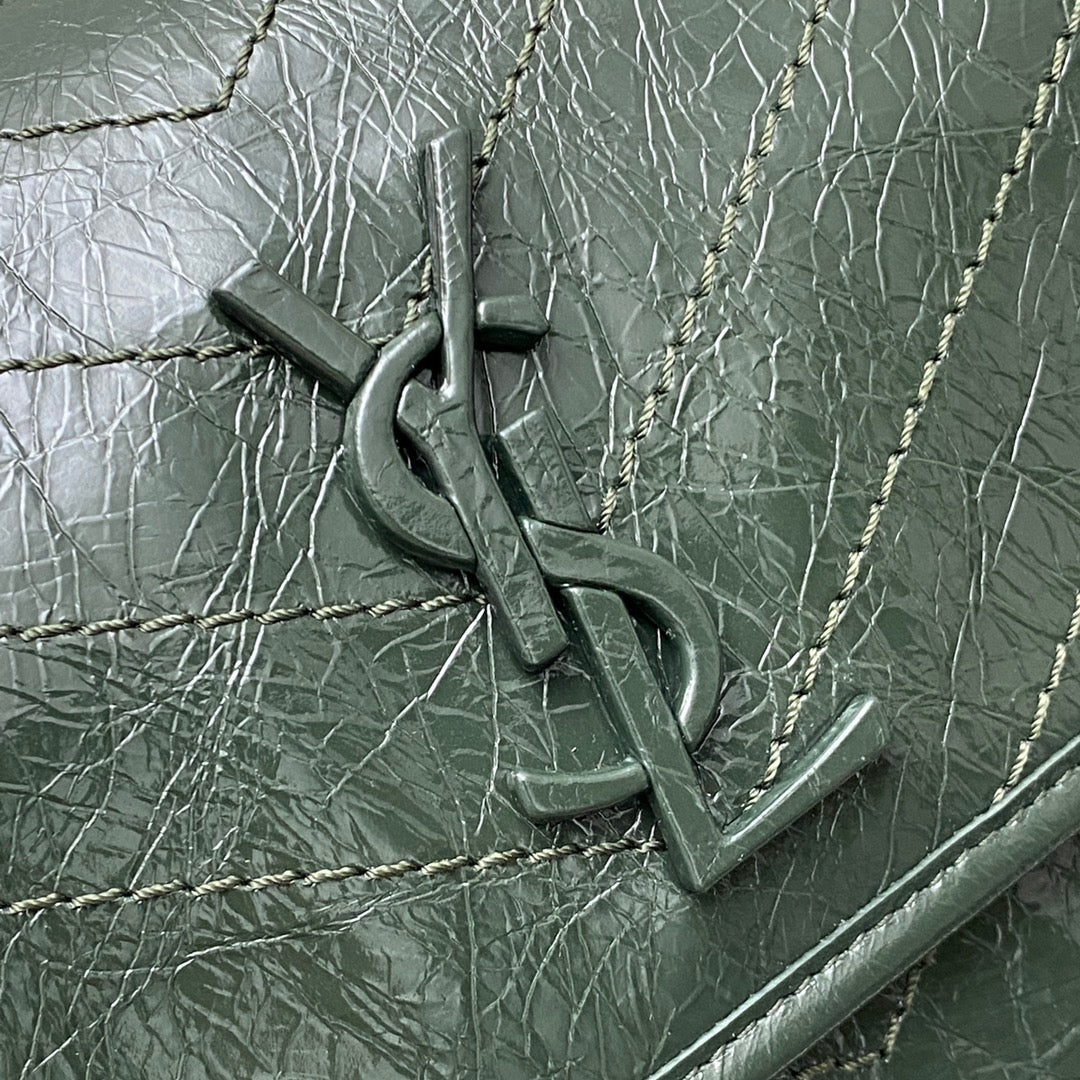 Saint Laurent Niki Medium Chain Bag In Dark Green Crinkled Leather