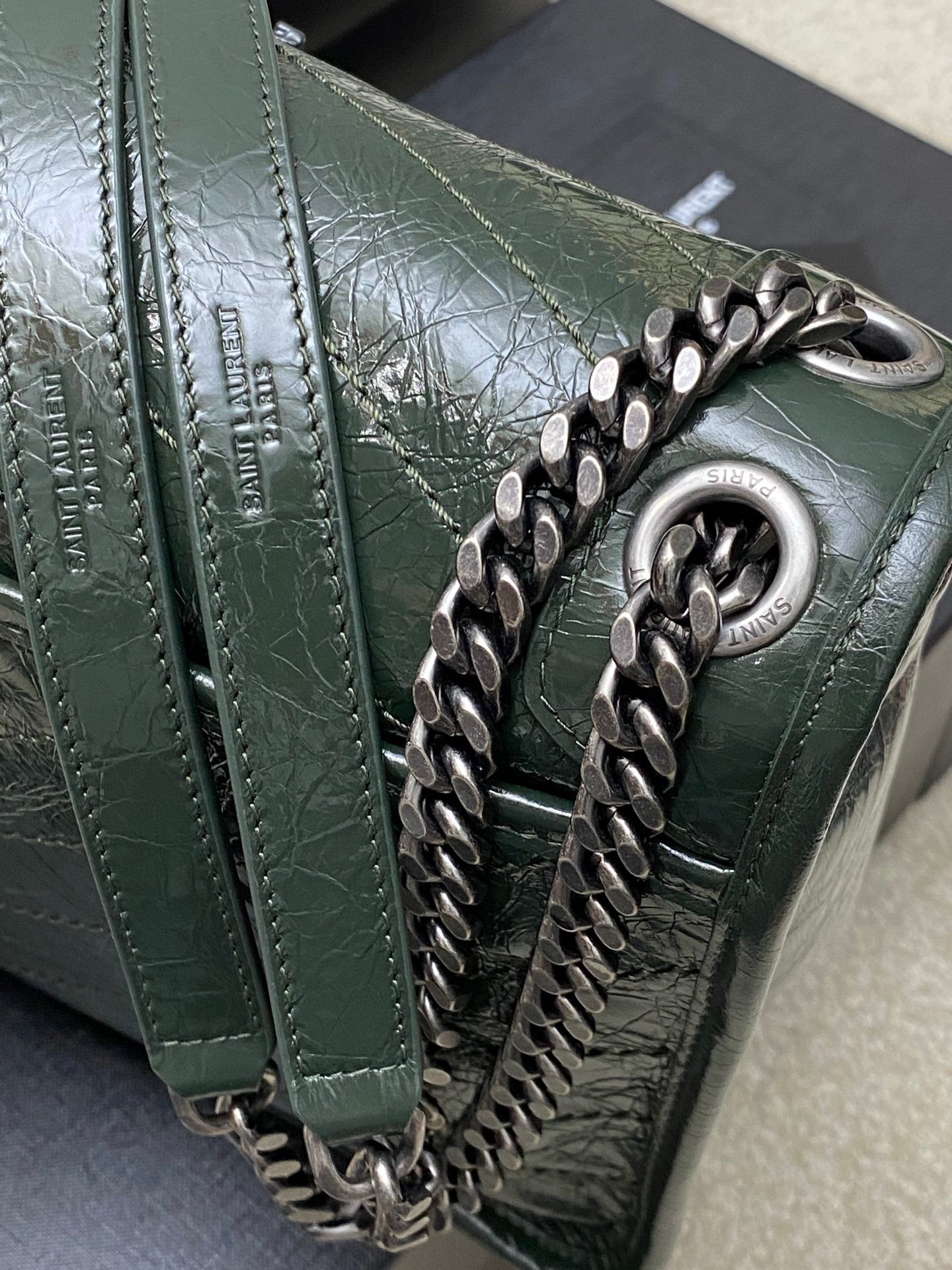 Saint Laurent Niki Medium Chain Bag In Dark Green Crinkled Leather