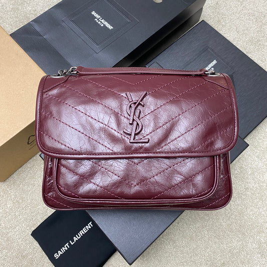 Saint Laurent Niki Medium Chain Bag In Burdungy Crinkled Leather