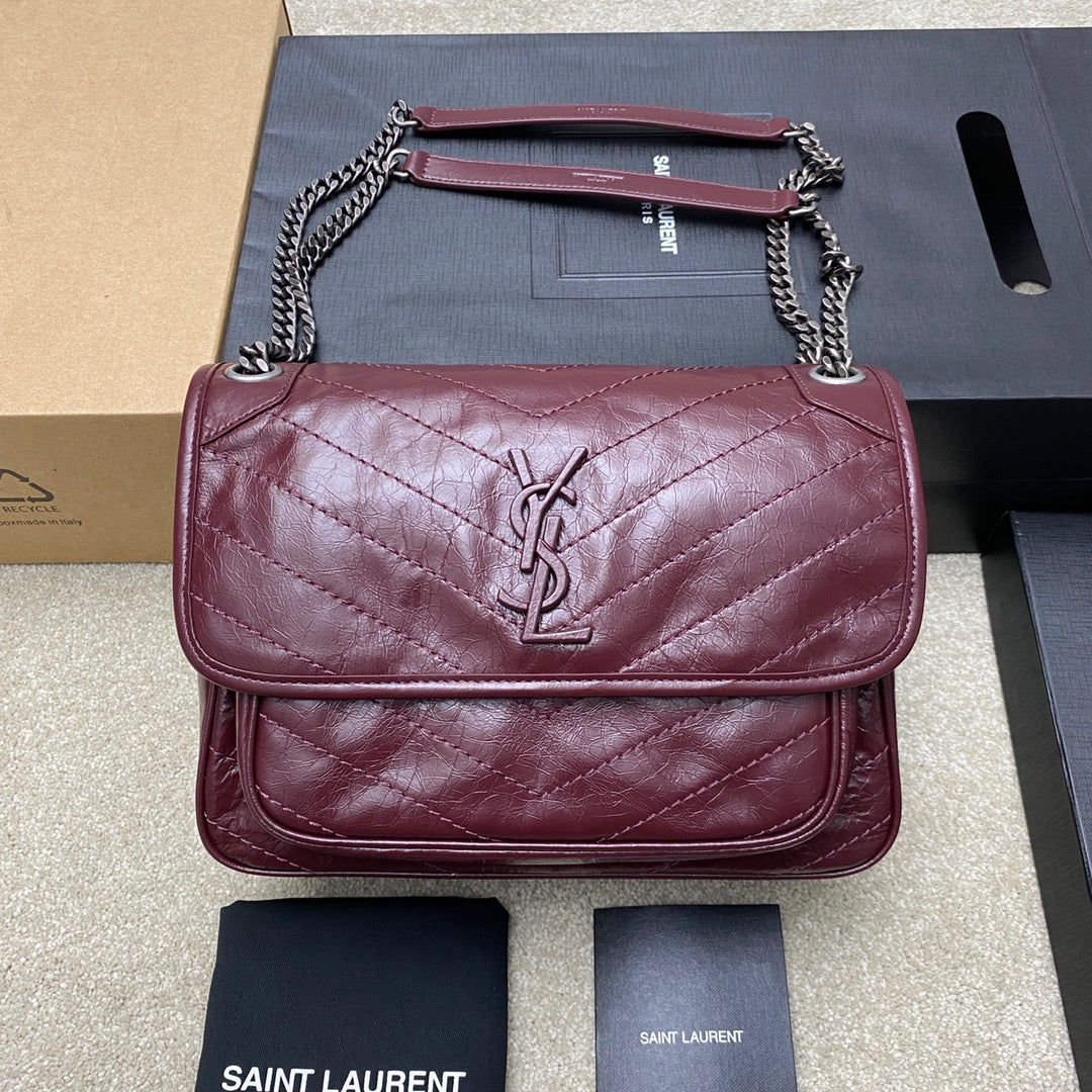 Saint Laurent Niki Medium Chain Bag In Burdungy Crinkled Leather