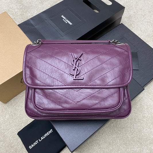 Saint Laurent Niki Medium Chain Bag In Purple Crinkled Leather