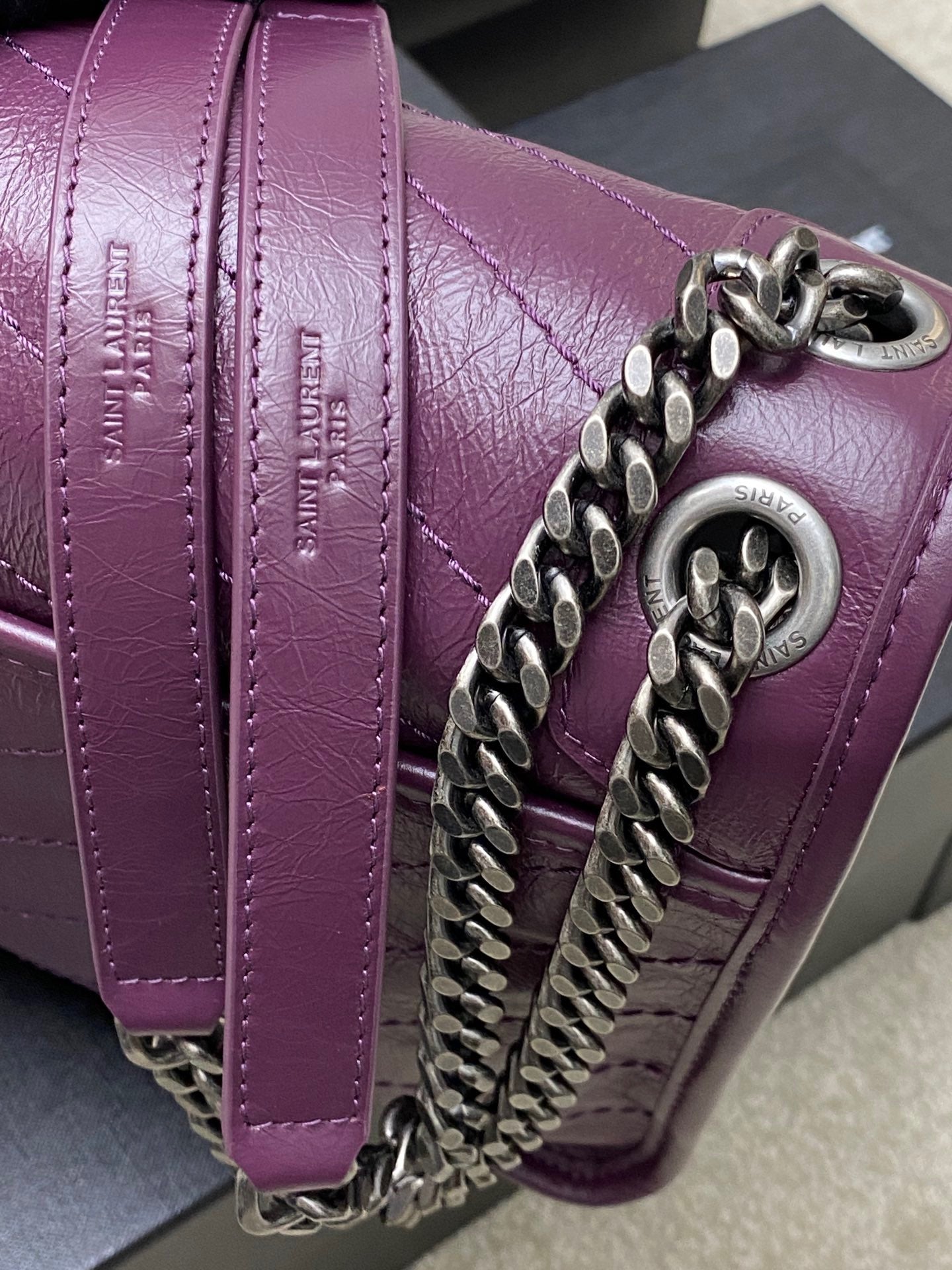 Saint Laurent Niki Medium Chain Bag In Purple Crinkled Leather