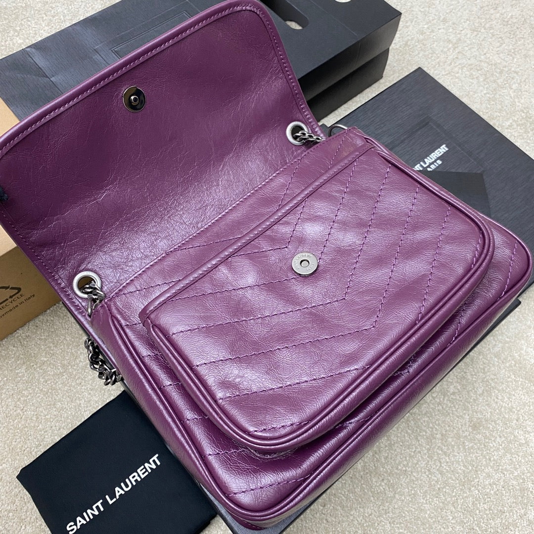 Saint Laurent Niki Medium Chain Bag In Purple Crinkled Leather