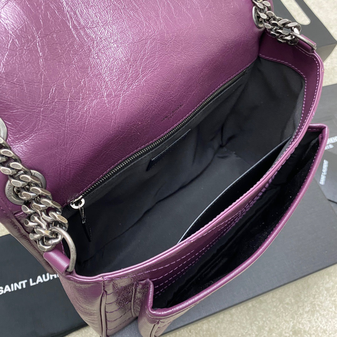 Saint Laurent Niki Medium Chain Bag In Purple Crinkled Leather