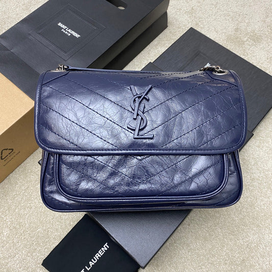 Saint Laurent Niki Medium Chain Bag In Dark Blue Crinkled Leather