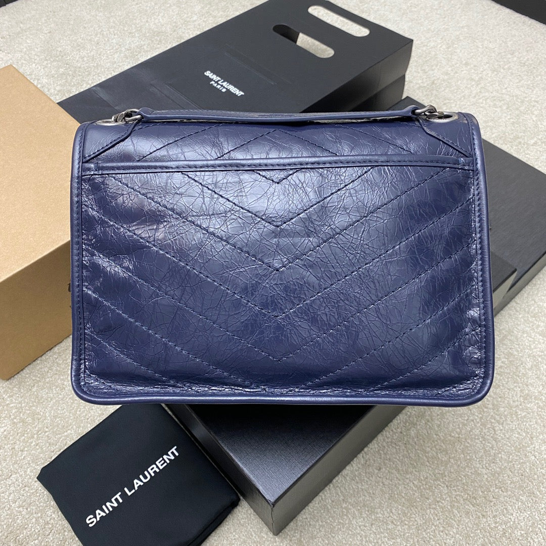 Saint Laurent Niki Medium Chain Bag In Dark Blue Crinkled Leather