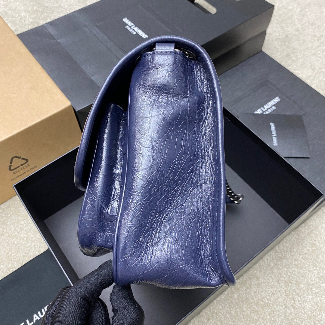 Saint Laurent Niki Medium Chain Bag In Dark Blue Crinkled Leather