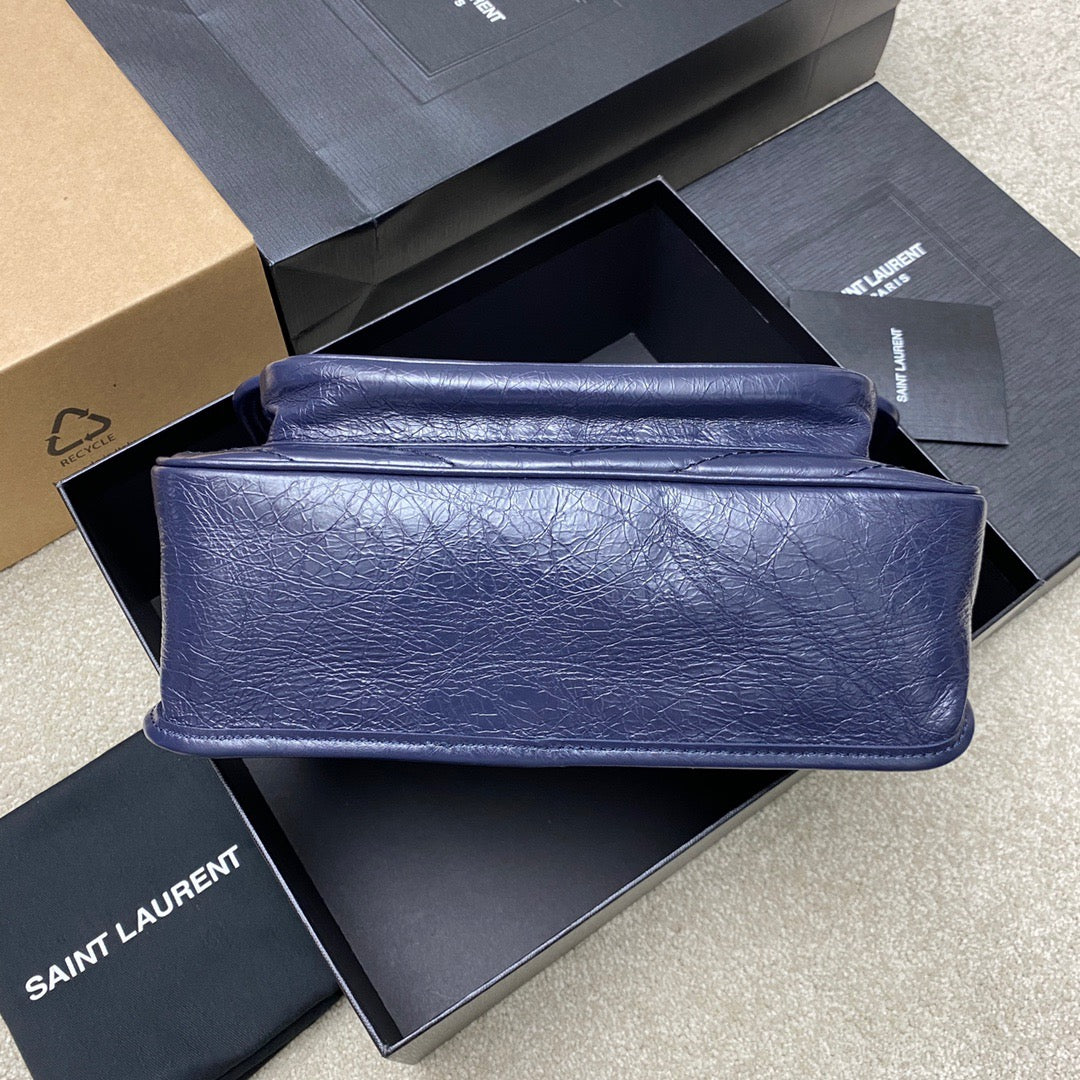 Saint Laurent Niki Medium Chain Bag In Dark Blue Crinkled Leather