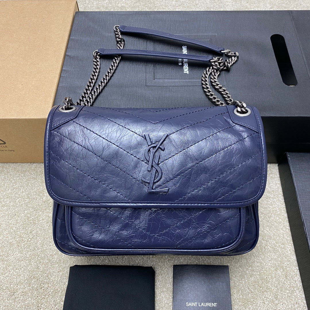 Saint Laurent Niki Medium Chain Bag In Dark Blue Crinkled Leather