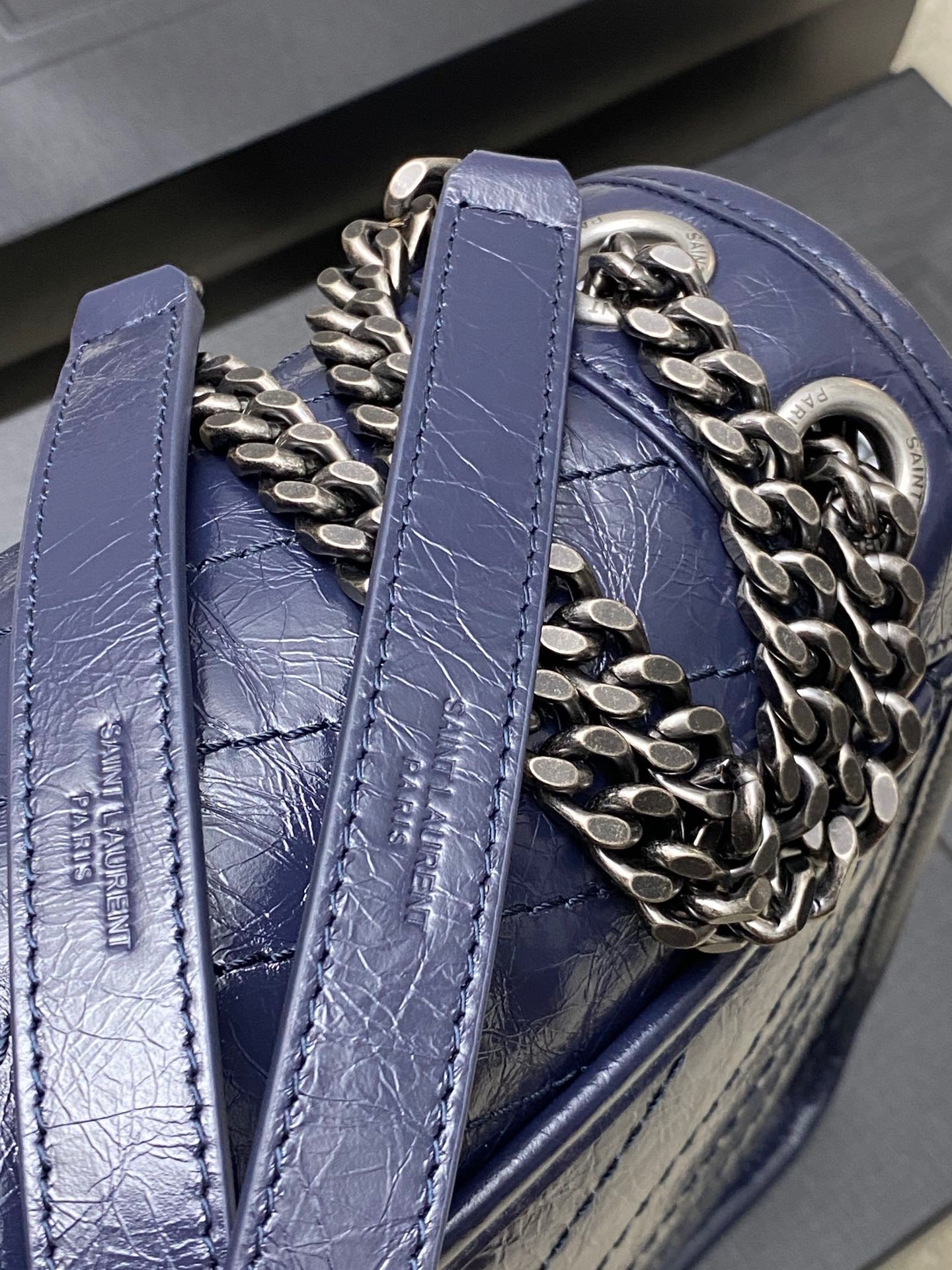 Saint Laurent Niki Medium Chain Bag In Dark Blue Crinkled Leather