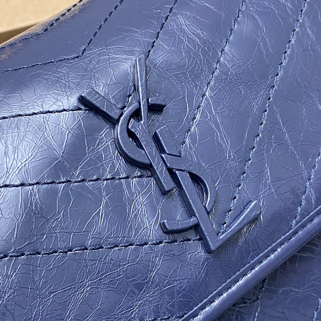 Saint Laurent Niki Medium Chain Bag In Dark Blue Crinkled Leather