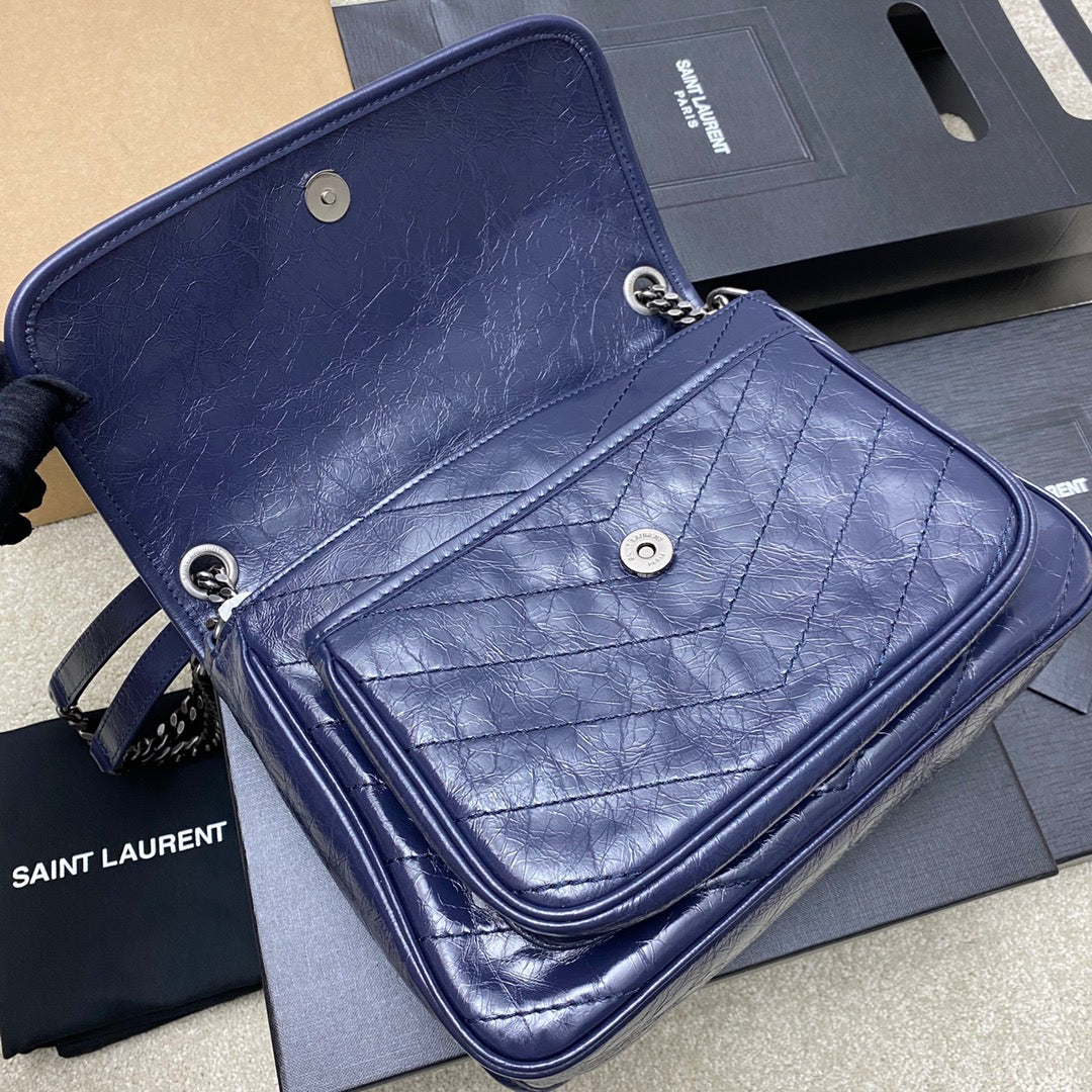 Saint Laurent Niki Medium Chain Bag In Dark Blue Crinkled Leather