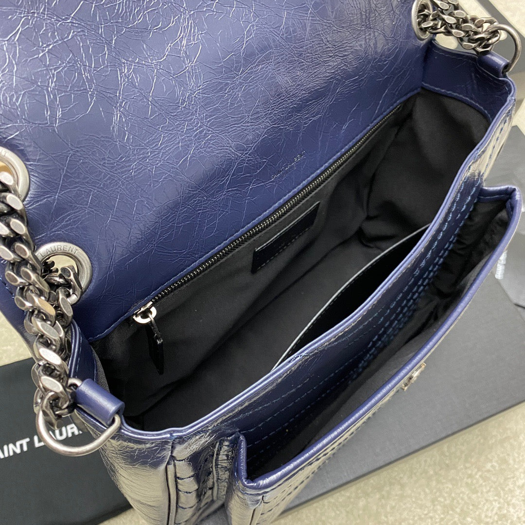 Saint Laurent Niki Medium Chain Bag In Dark Blue Crinkled Leather