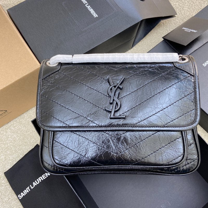 Saint Laurent Niki Medium Chain Bag In Black Crinkled Leather