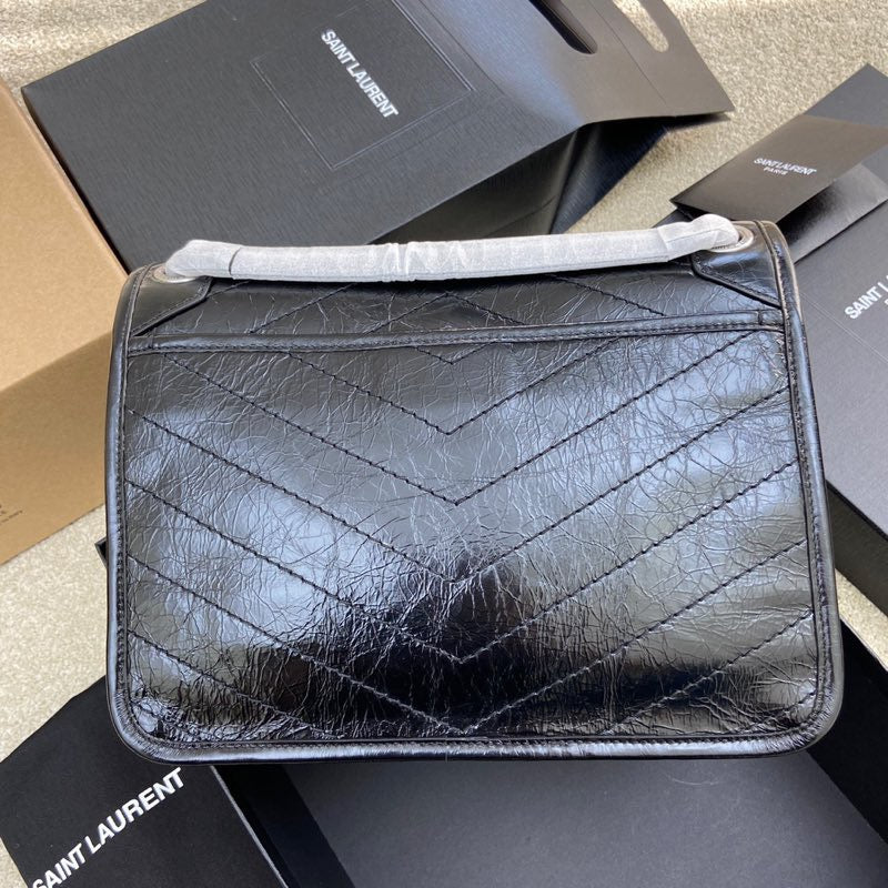 Saint Laurent Niki Medium Chain Bag In Black Crinkled Leather