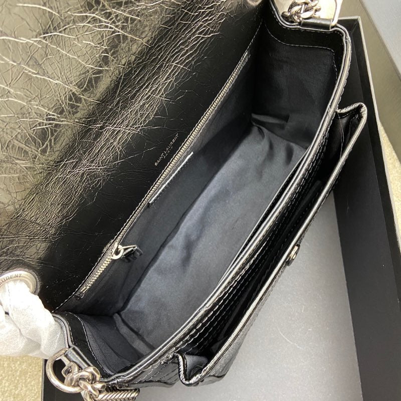 Saint Laurent Niki Medium Chain Bag In Black Crinkled Leather