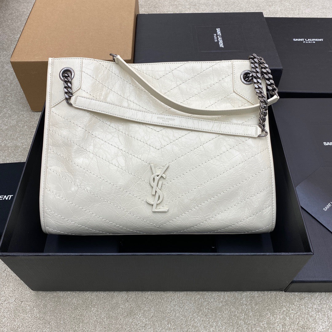 Saint Laurent White Large Niki Shopper Bag In Wrinkled Calfskin