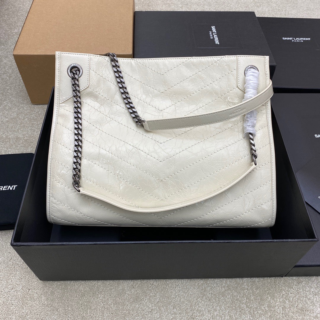 Saint Laurent White Large Niki Shopper Bag In Wrinkled Calfskin