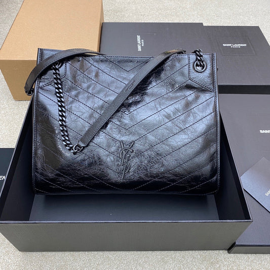 Saint Laurent Black Large Niki Shopper Bag In Wrinkled Calfskin