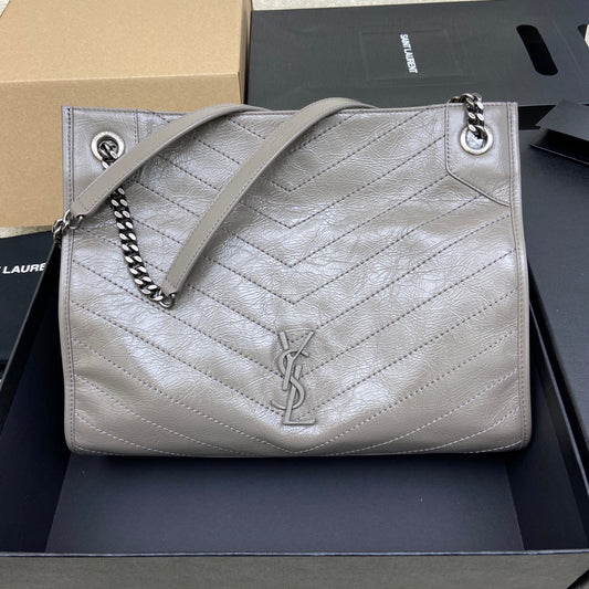 Saint Laurent Gray Large Niki Shopper Bag In Wrinkled Calfskin